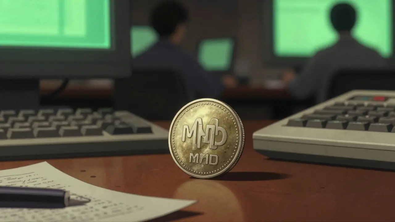 Close-up of a small, worn MND token on a desk near a vintage computer terminal
