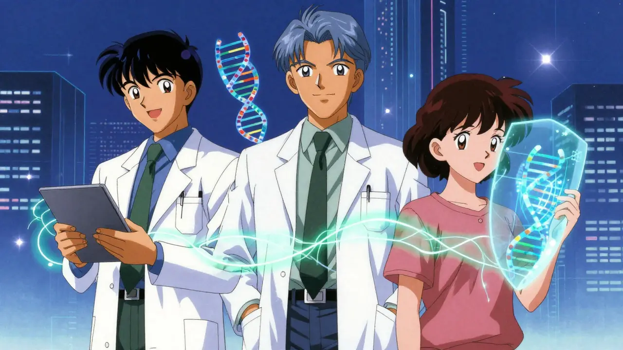 Doctor, researcher, and patient connected by digital network in retro anime style.