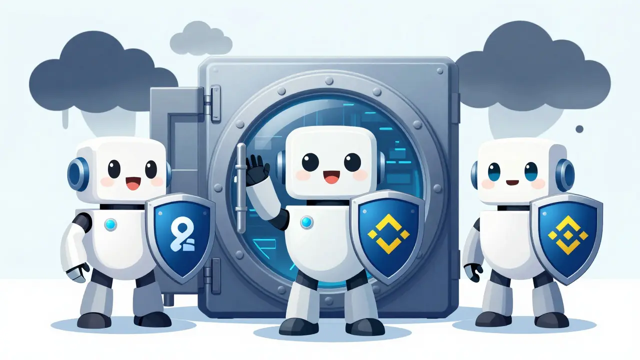 Friendly robot guardians protecting a secure crypto vault from distant storms