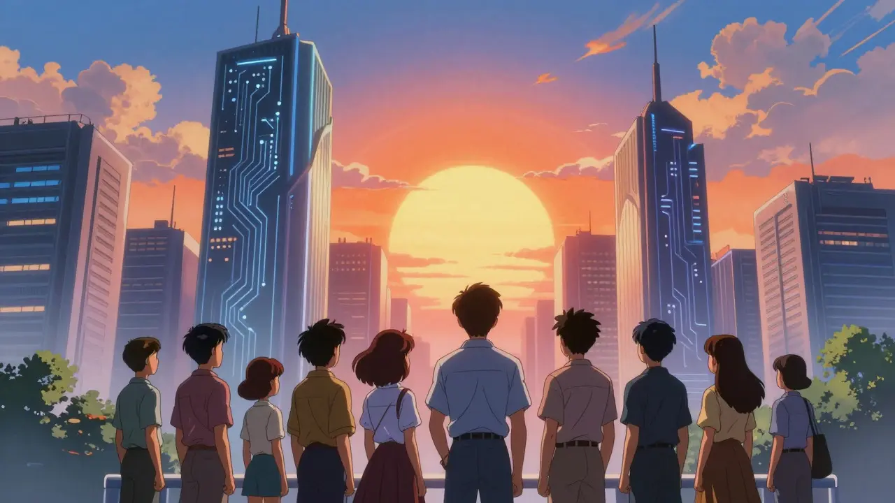 Futuristic city with circuit patterns and people watching a sunrise