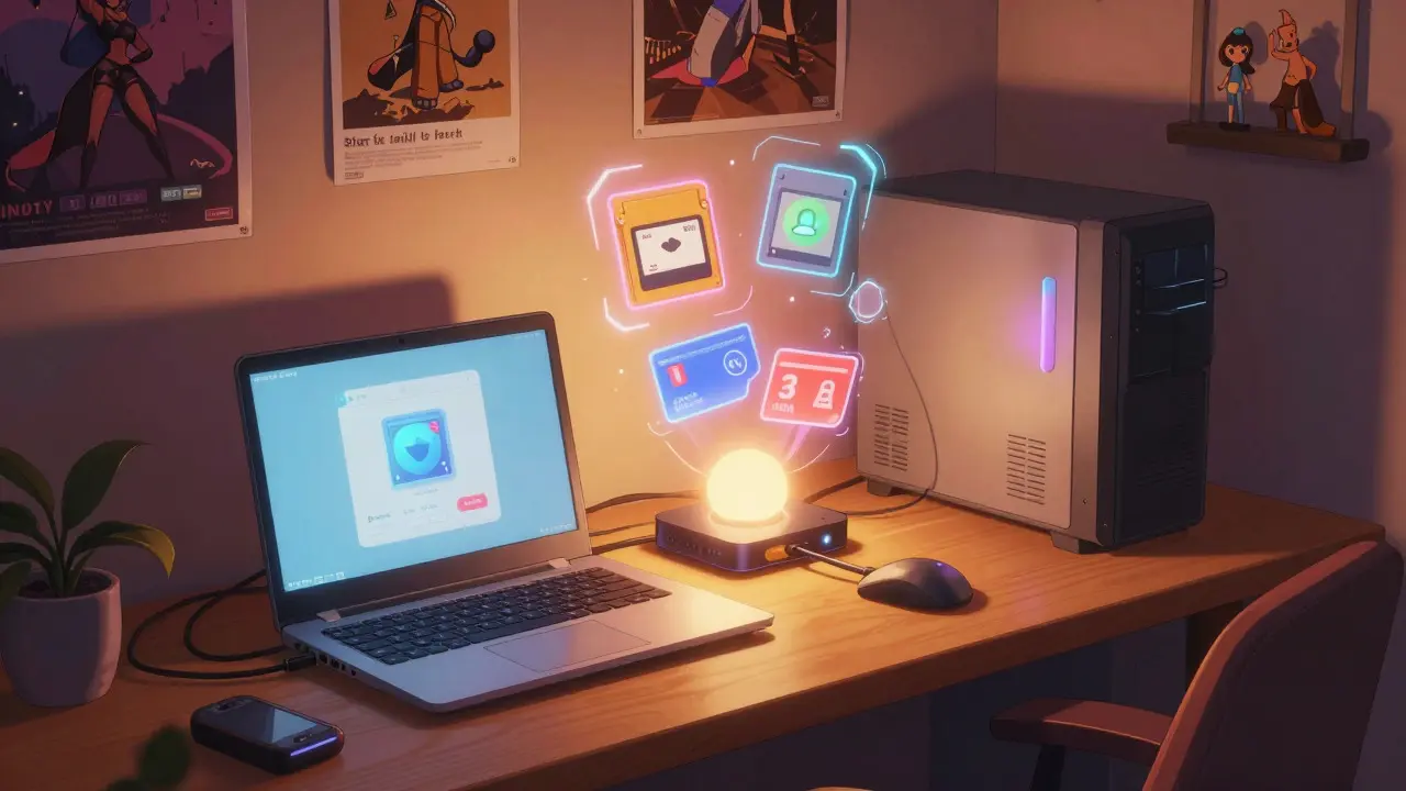 Gamer desk with devices connecting to a digital goods hub