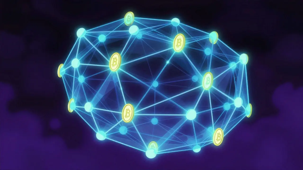 Glowing blue blockchain network structure in retro anime art style