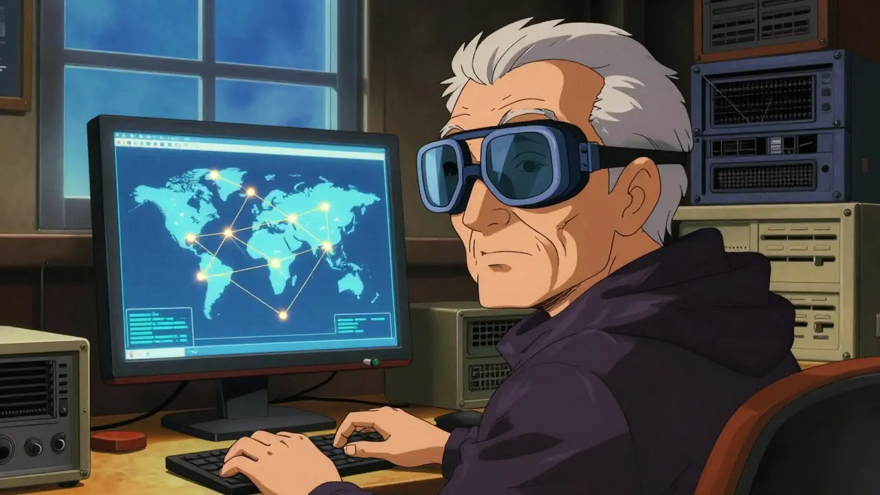 Hacker character analyzing global node network on vintage computer screens