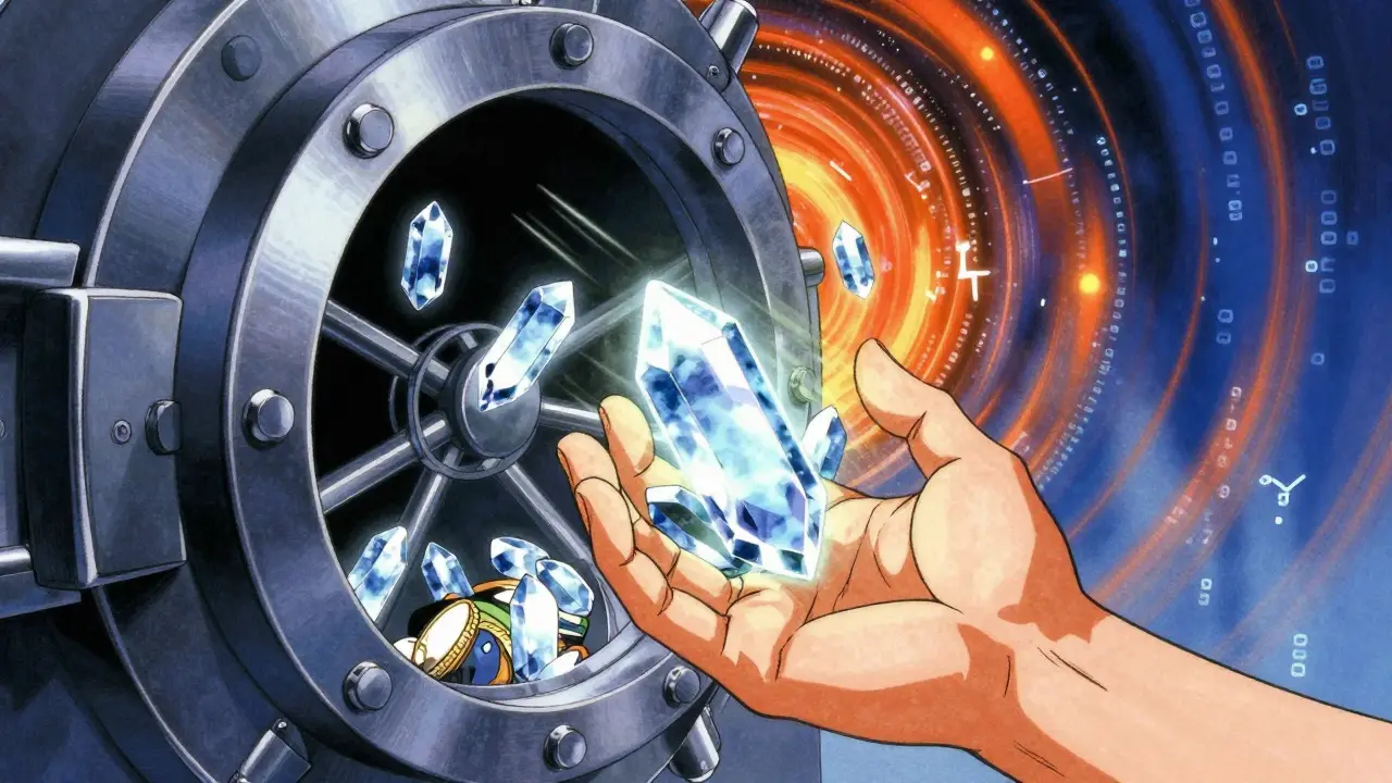 Hand grasping glowing crystal tokens from a digital vault