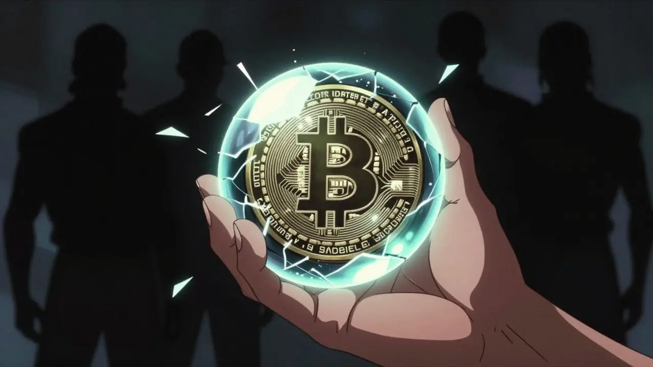 Hand holding a cracking glowing coin orb with shadowy figures in background