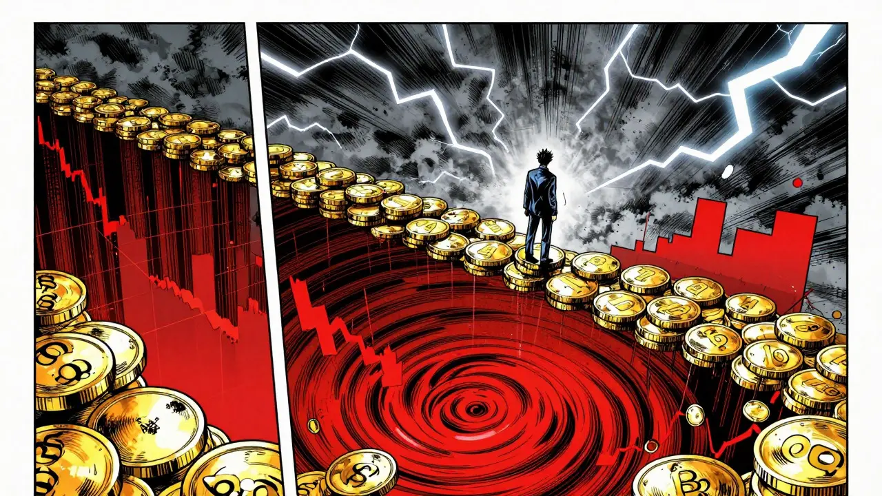 Manga character on coin bridge over volatile market vortex