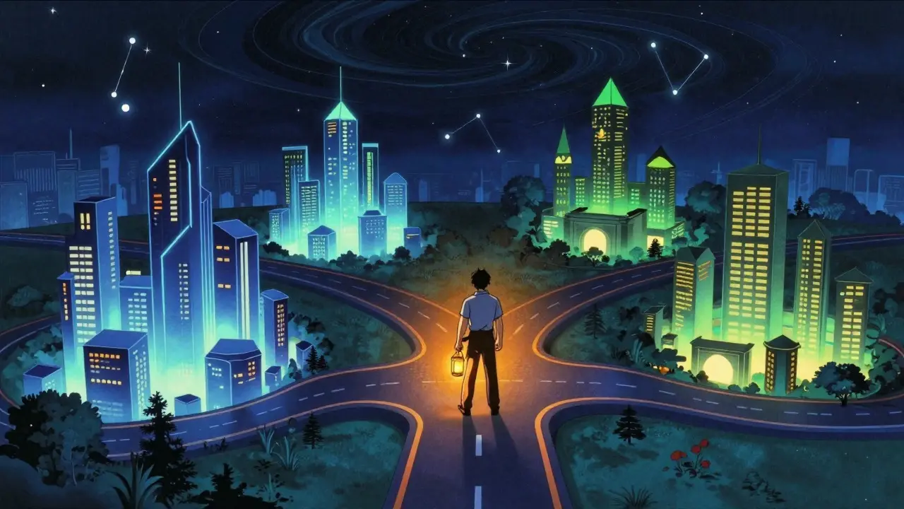 Retro anime artwork of a traveler at a crossroads leading to different glowing blockchain cities