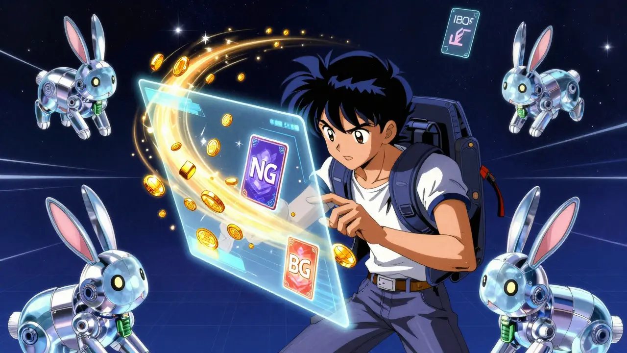 Retro anime character interacting with a holographic crypto trading interface surrounded by robotic bunnies