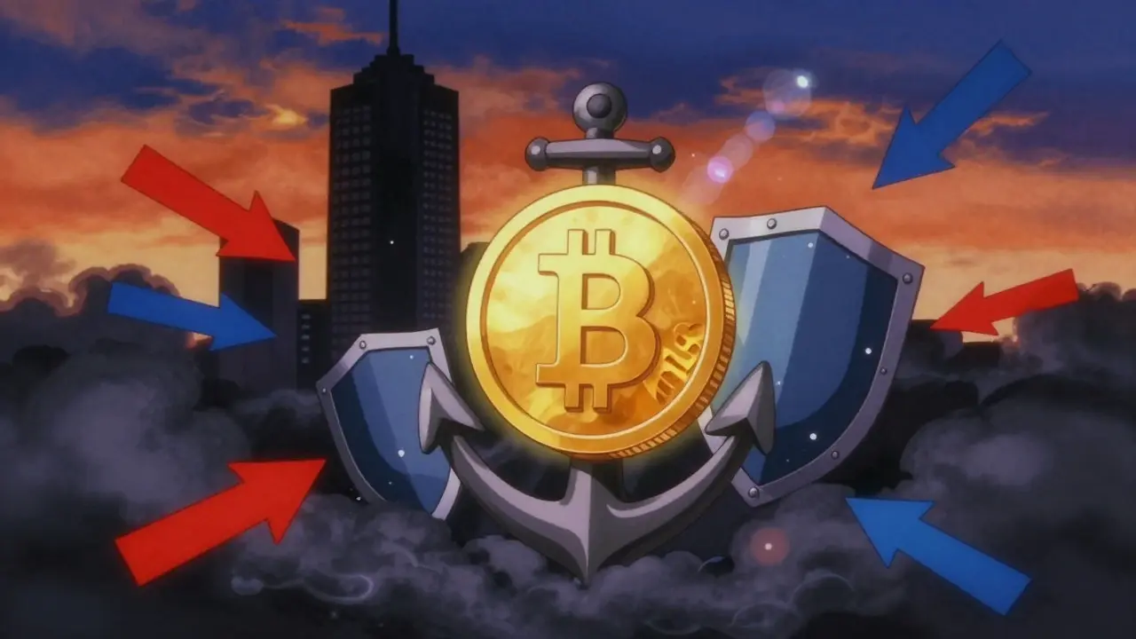 Retro anime concept art showing stablecoins protecting business value from market volatility.