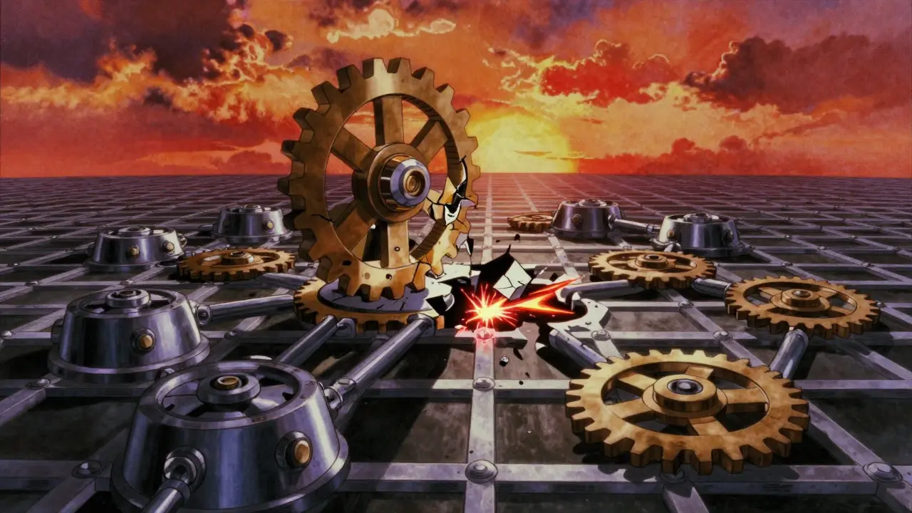 Retro anime depiction of a breaking mechanical hub causing a cascading failure in a complex blockchain grid
