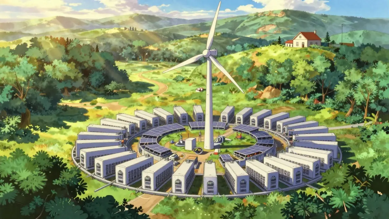 Retro anime scene of a green, renewable-energy-powered Bitcoin mining farm