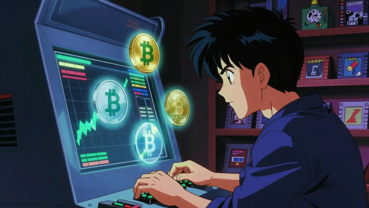 Retro anime scene of a trader focused on a terminal with floating crypto tokens