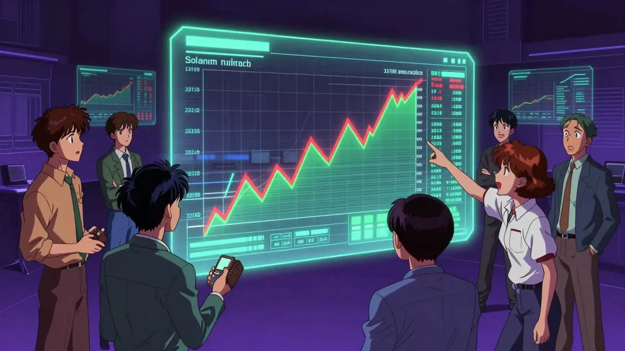 Retro anime scene of investors watching volatile price graphs on a holographic Solana interface