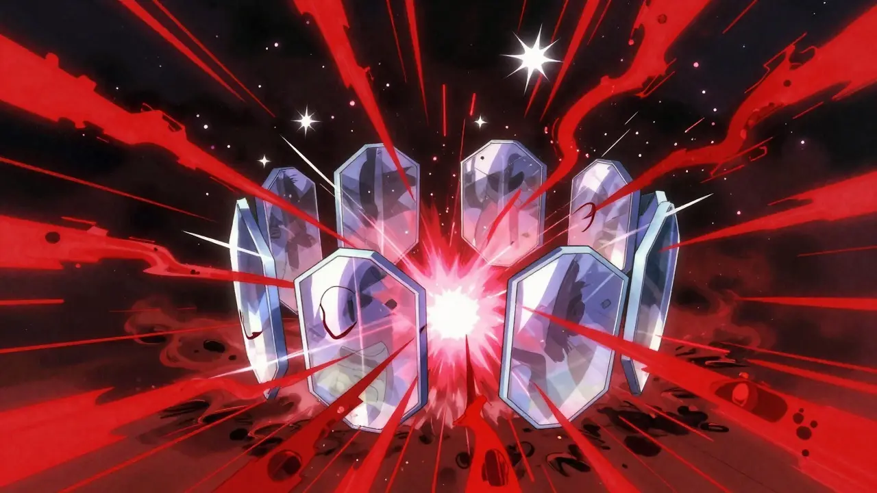 Retro anime scene showing a protective shield absorbing chaotic data streams to prevent system collapse