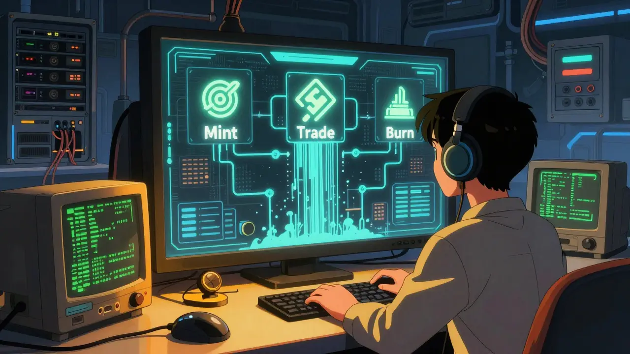 Retro anime scene showing mint, trade, burn process in control room