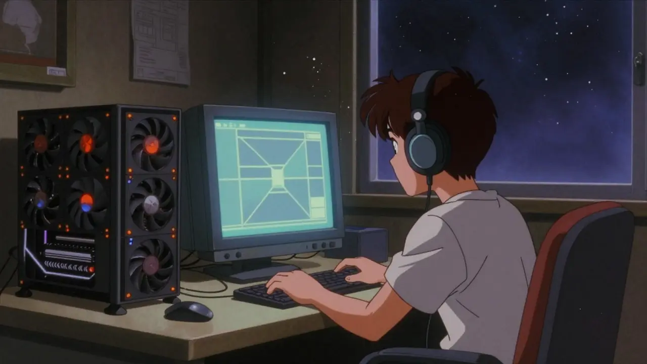 Retro anime view of a person mining cryptocurrency with a multi-GPU rig in a dimly lit room