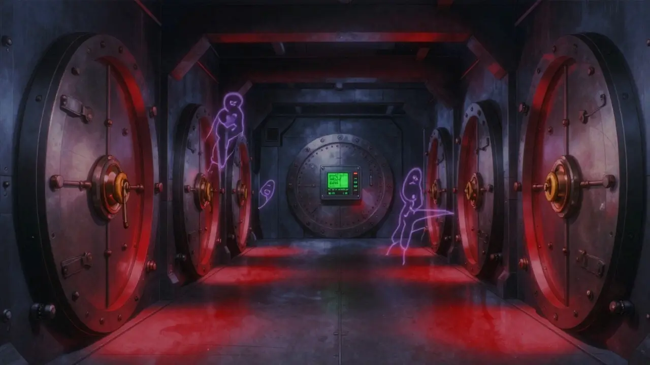 Retro anime view of a secure underground vault with glowing digital interfaces