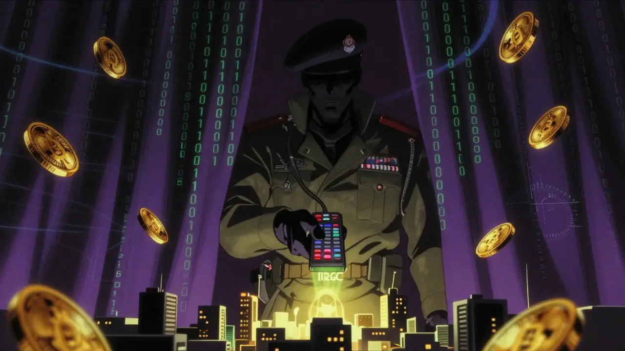 Shadowy military figure controlling power grid and coins, retro anime.