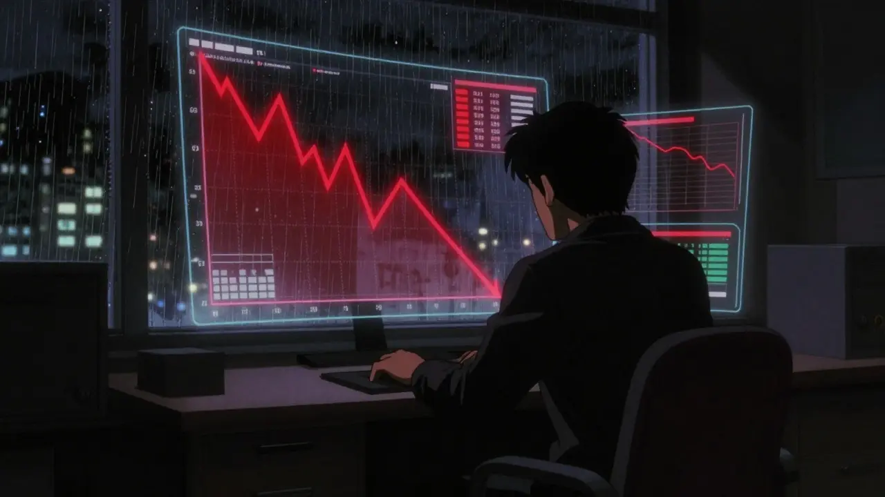 Silhouette of trader looking at volatile red charts in retro anime style