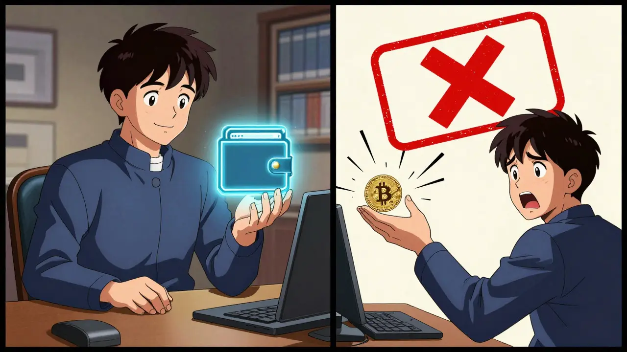 Split screen: safe crypto holding vs illegal payment ban