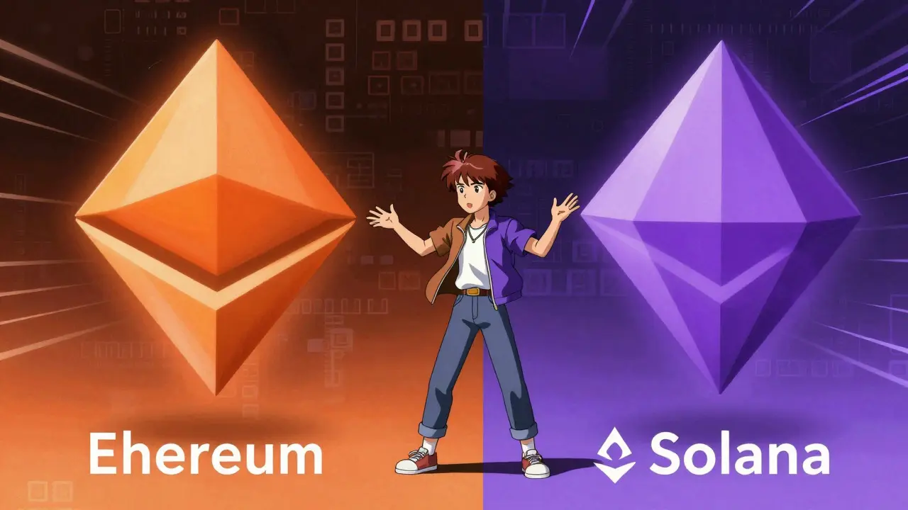 Split screen showing two different blockchain symbols with a confused character in the middle.