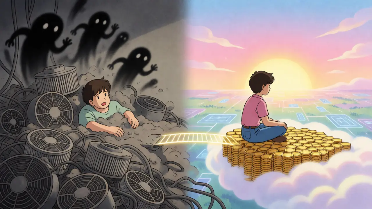 Split view of stressed miner amidst cables versus calm investor on coin clouds.