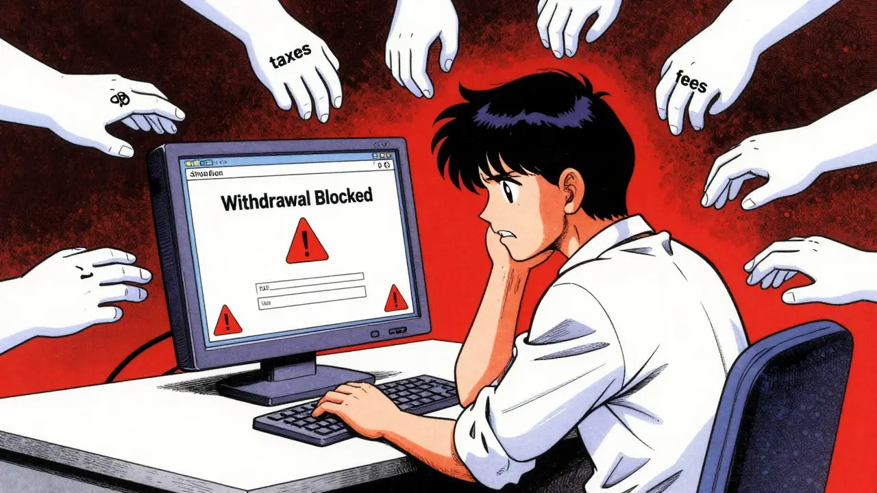 Stressed user facing a blocked withdrawal screen with floating demand hands
