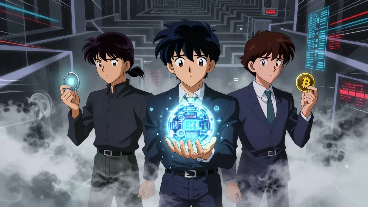 Three confused anime characters holding different crypto assets in a foggy digital maze