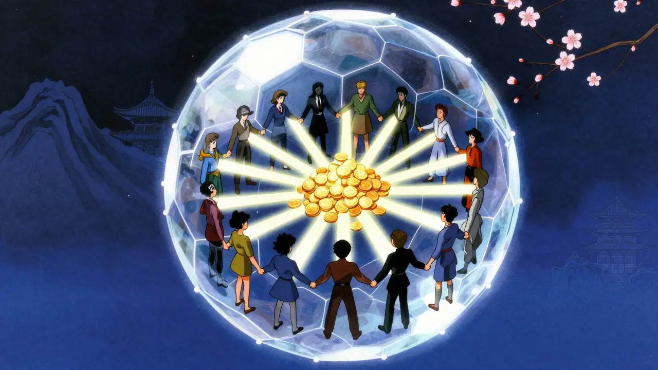 Transparent sphere containing creators sharing gold coins in a cosmic retro anime setting