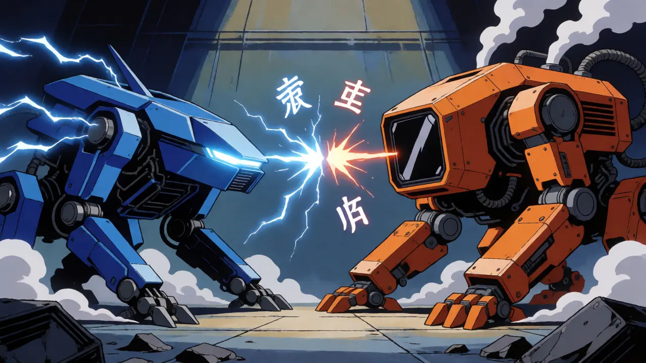 Two rival mining machines battling with energy blasts in a retro anime industrial arena.