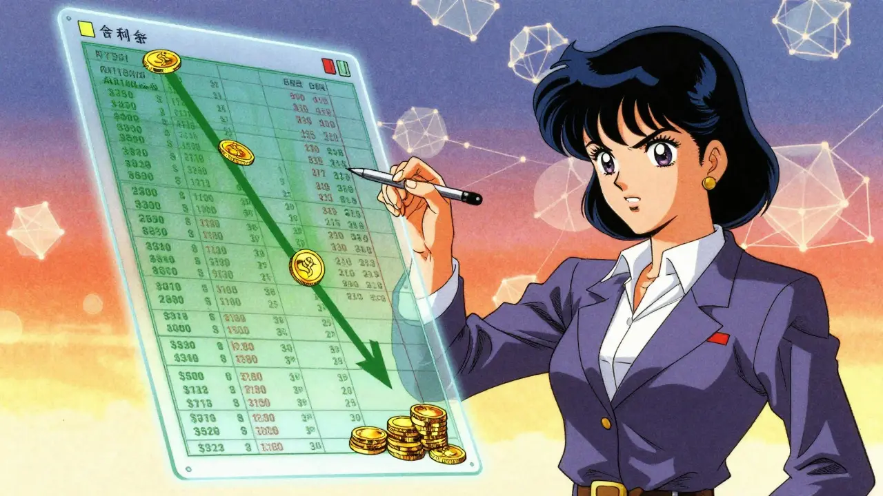 Vintage manga CFO reviewing holographic blockchain ledger showing significant cost savings.