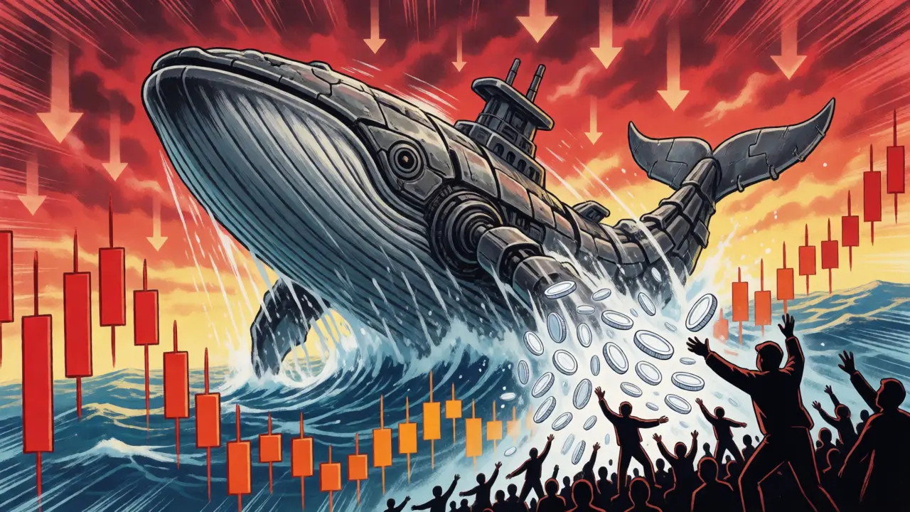 A mechanical whale releasing coins to investors amidst chart waves.