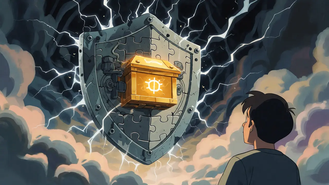 A metallic shield protecting a treasure chest from dark lightning storms in a retro anime style.