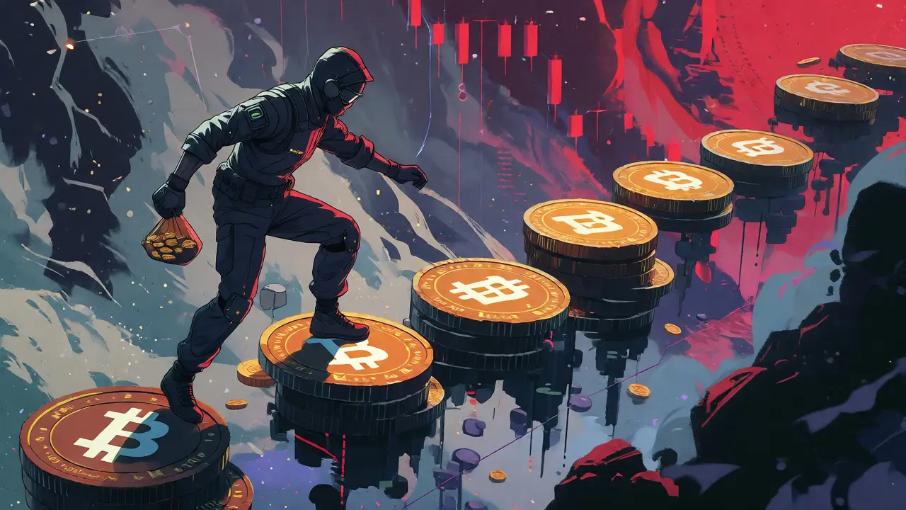 An anime trader cautiously navigates unstable digital platforms amidst a volatile crypto storm.