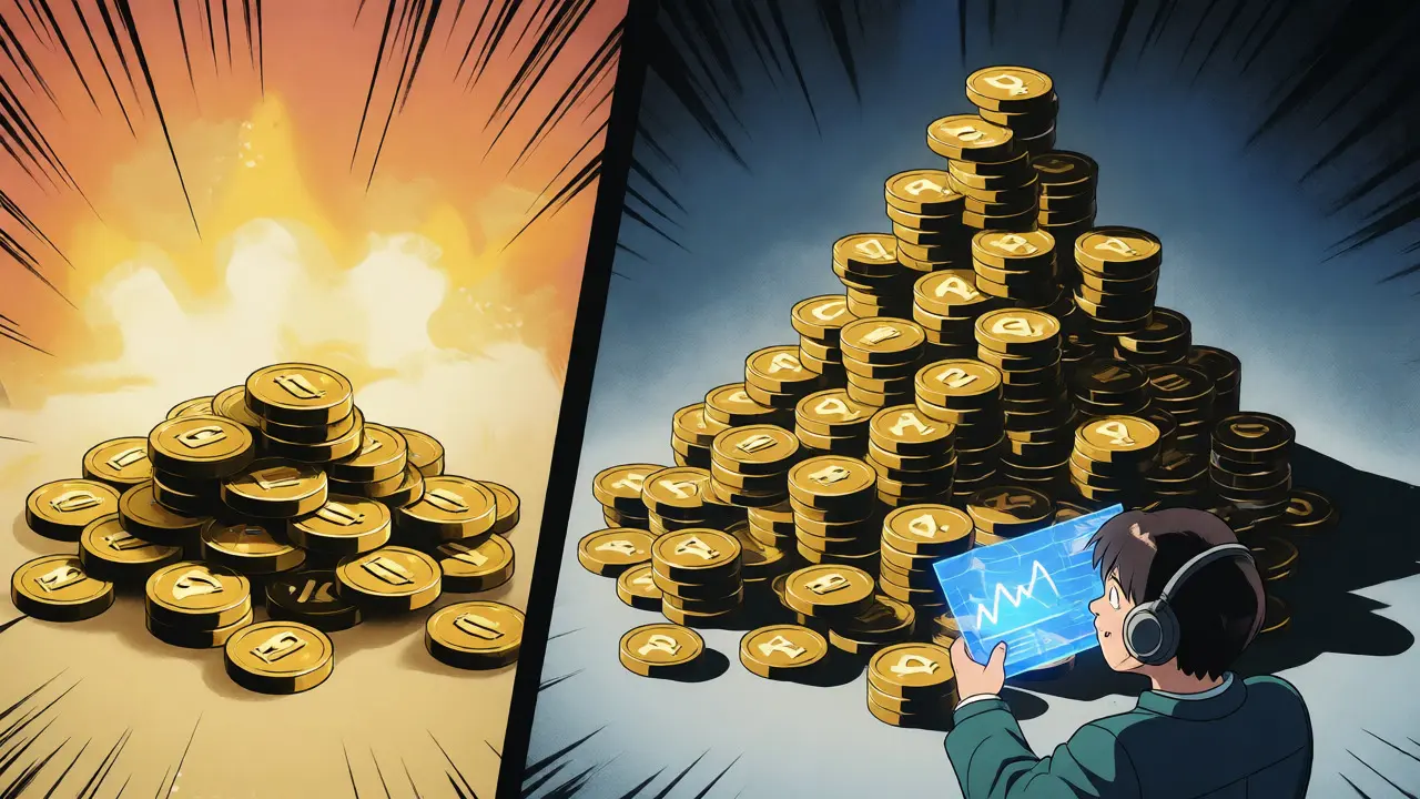 Anime character comparing small vs large coin piles illustrating supply confusion