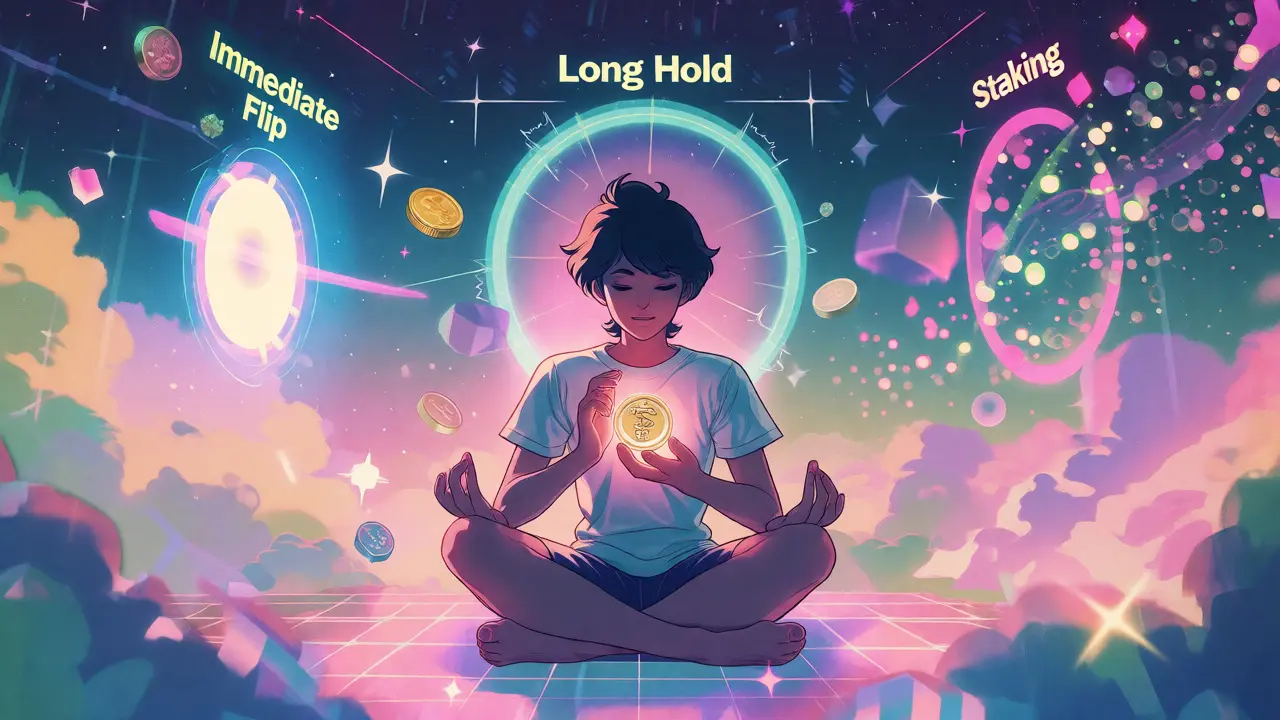 Anime character meditating among floating crypto tokens and strategy portals
