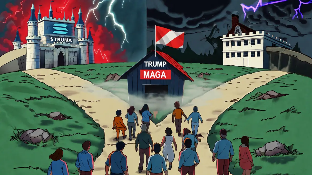 Anime crowd rushing toward a foggy shack amidst a chaotic crypto intersection