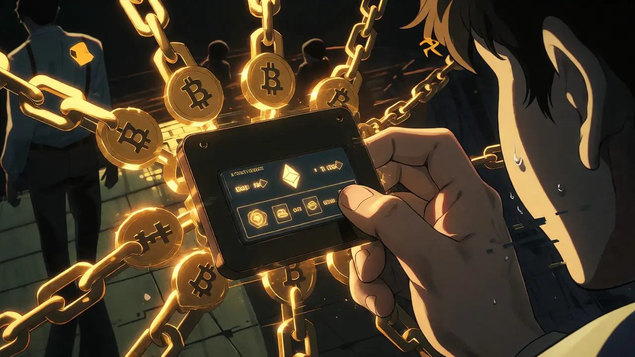Anime hand trapped in a golden honeypot lock around a glowing crypto wallet