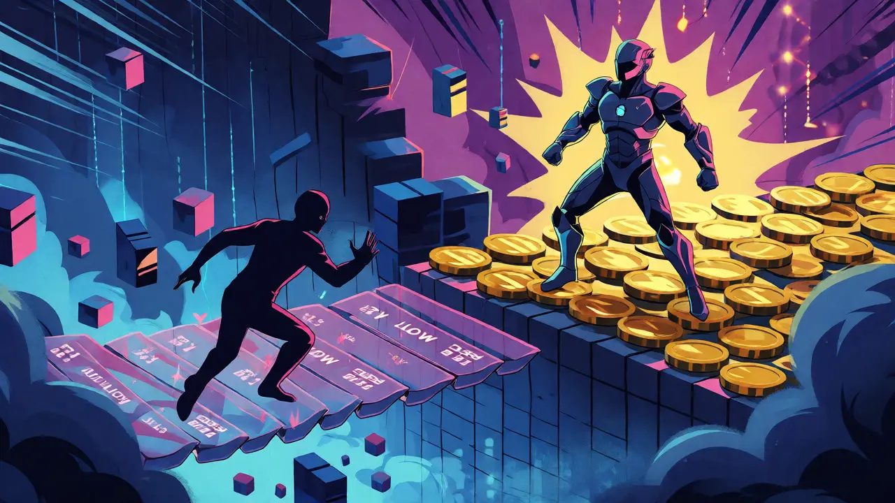 Anime hero crossing solid bridge while shadowy figure slips on low-liquidity path
