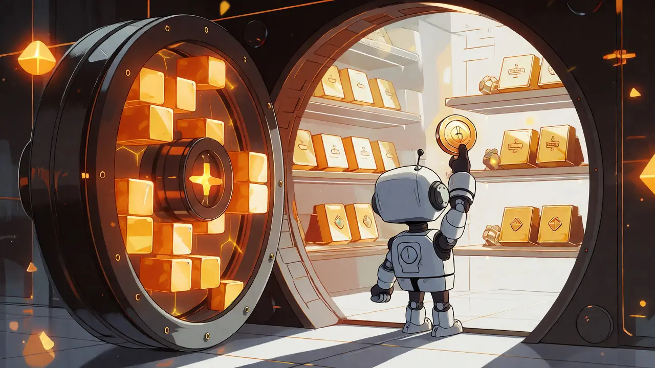 Anime robot placing NFT tokens on shelves inside a glowing DeFi vault.