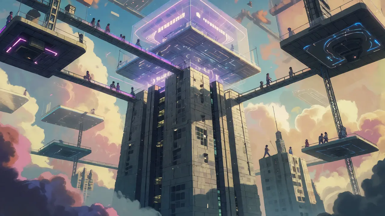Anime-style cityscape showing Ethereum as a foundation with floating Layer 2 platforms above.