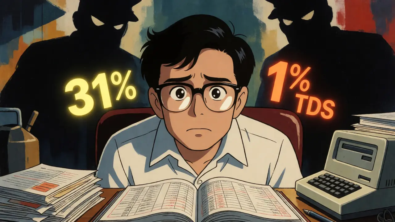 Anxious investor surrounded by floating tax percentages and audit shadows
