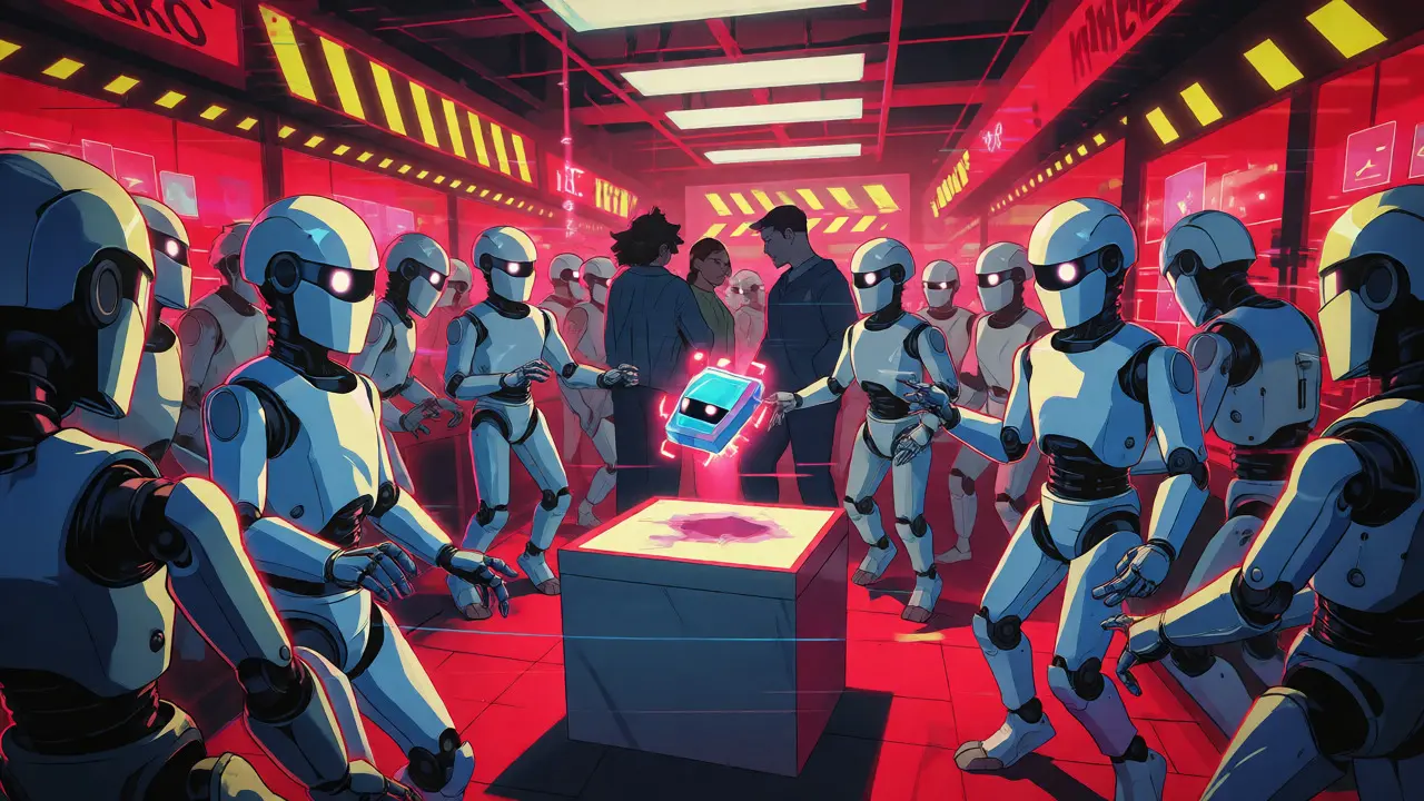 Bots swarming an NFT artifact while humans watch in a retro anime scene