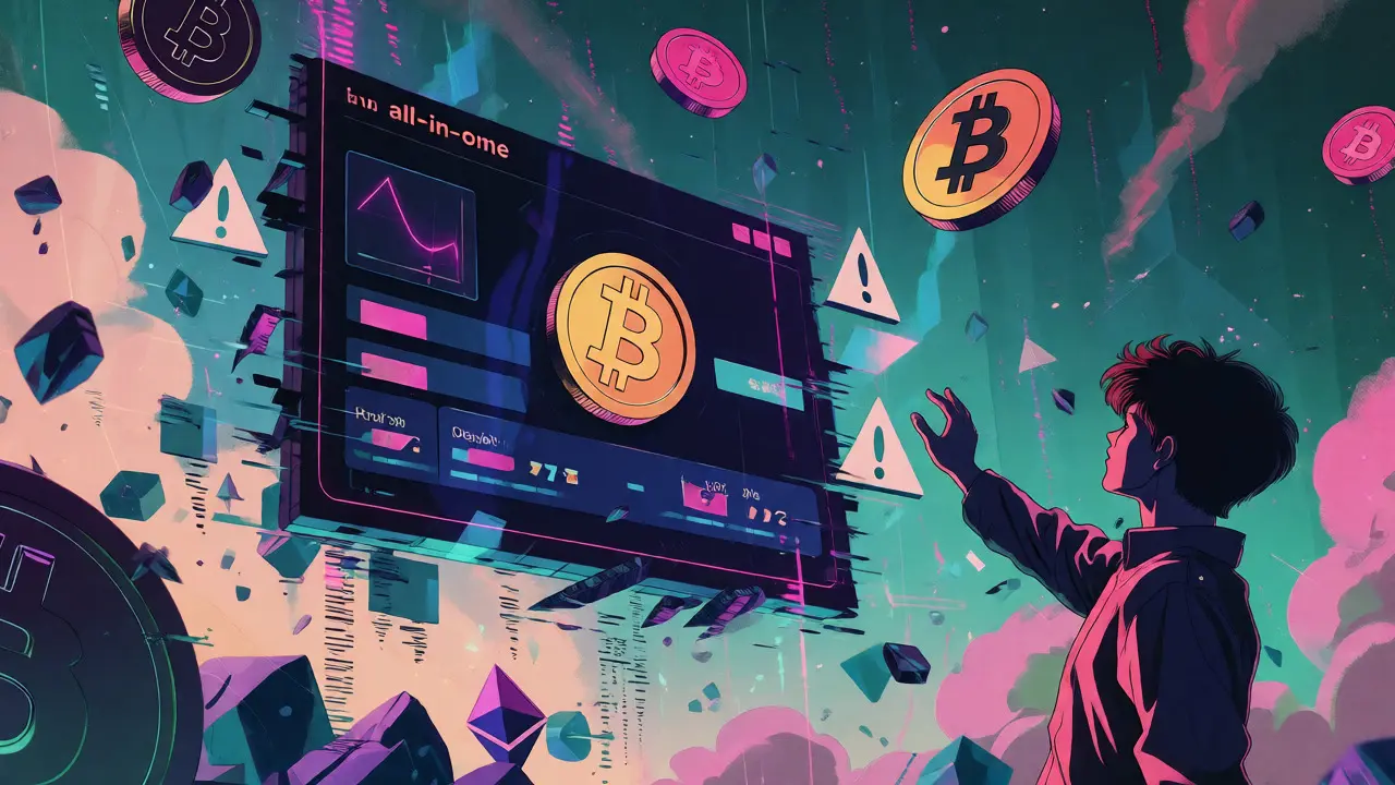 Chaotic crypto landscape with fragmented exchange dashboard