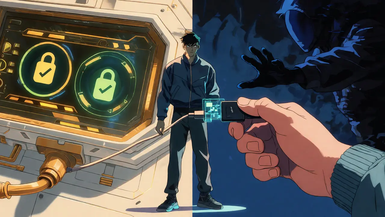 Character choosing between secure and scammy wallet connections in anime style