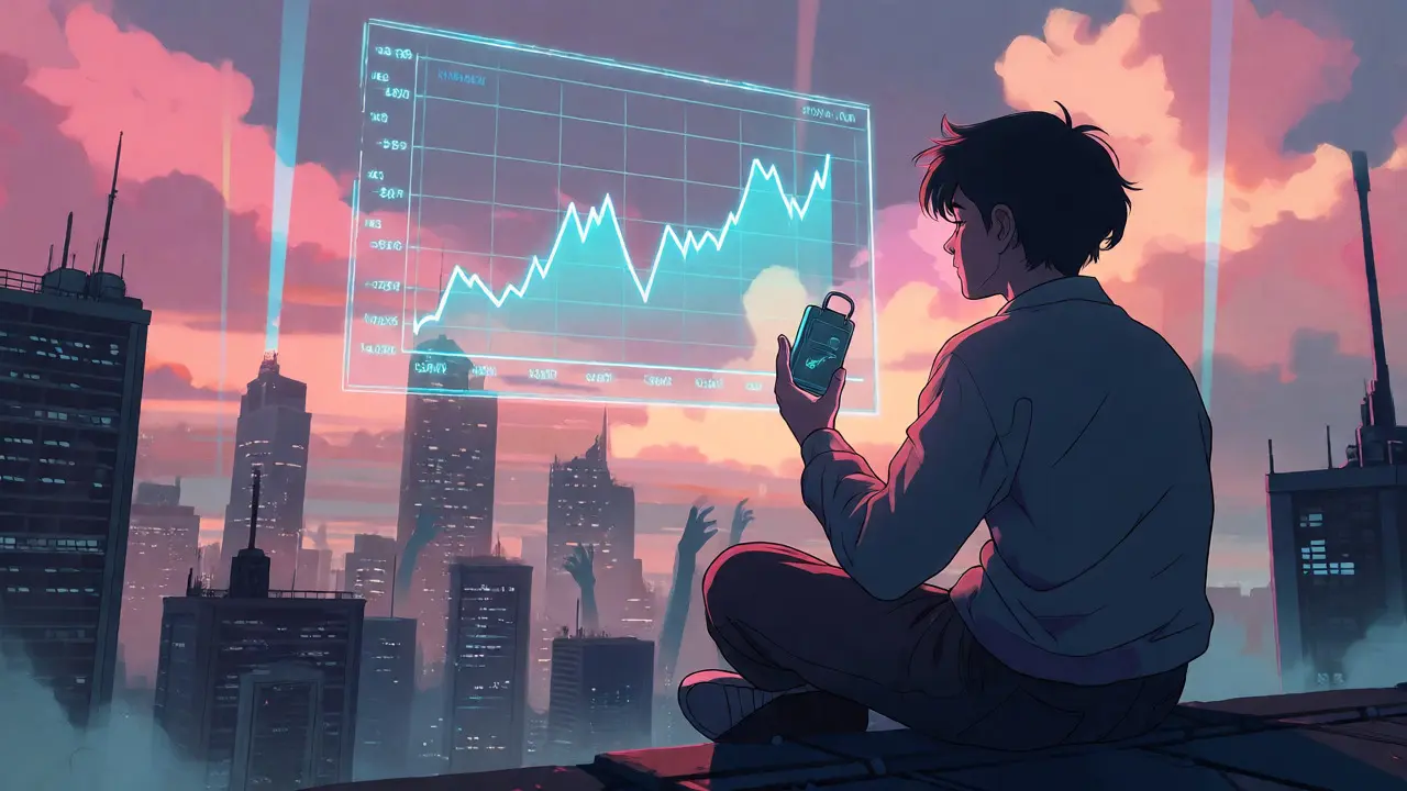 Character contemplating market trends on a rooftop at dawn
