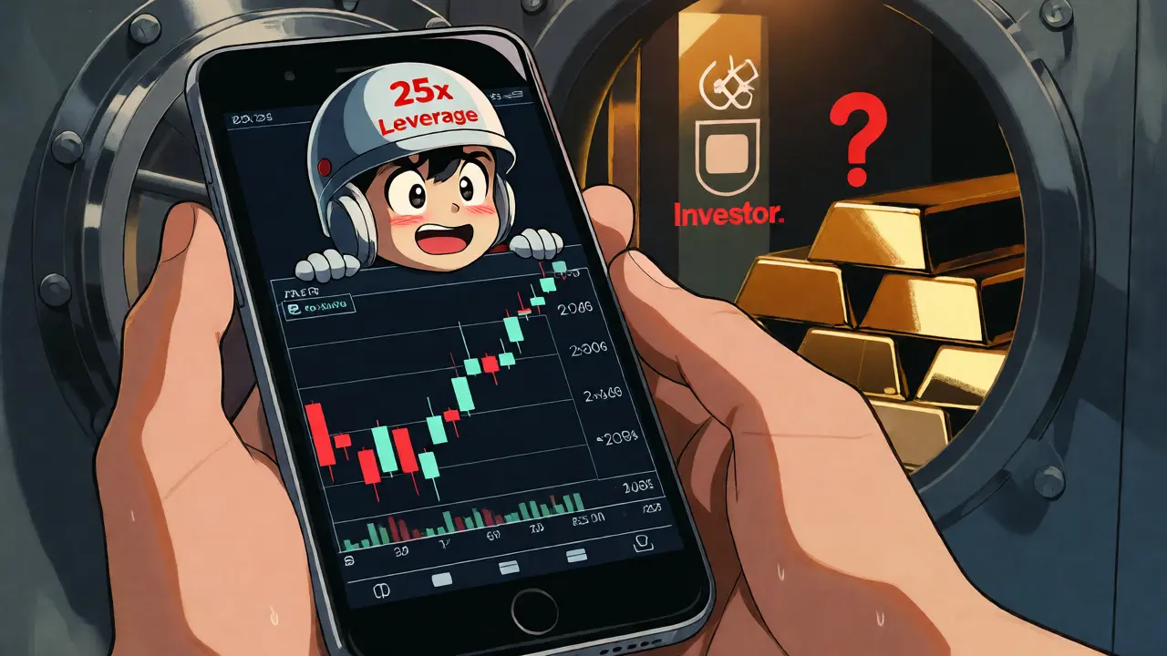 Chibi trader with 25x leverage helmet viewing a volatile futures chart on a phone with a secure vault background.