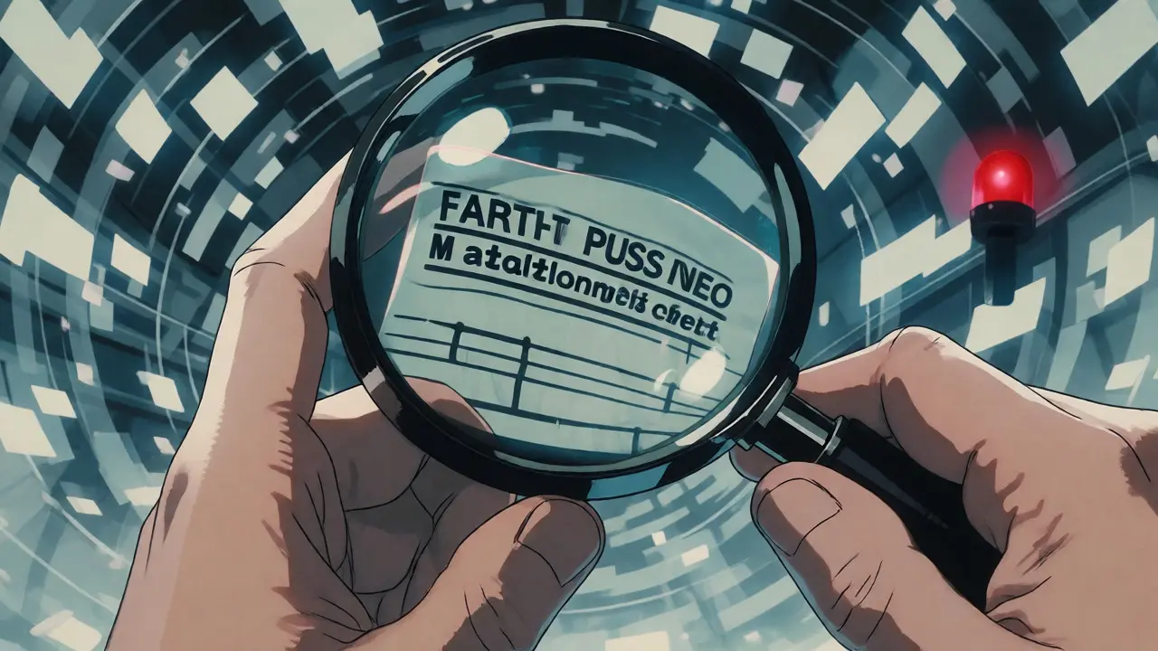 Close-up of hands examining blurry holographic contract address with magnifying glass