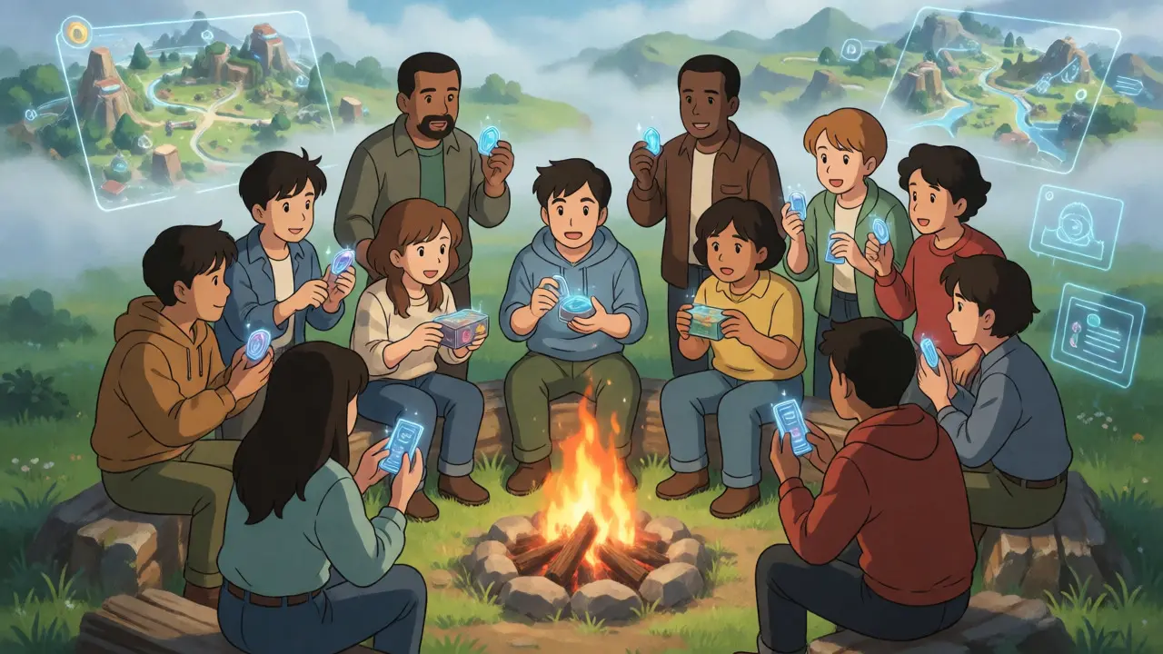 Community gathering around virtual campfire trading game items