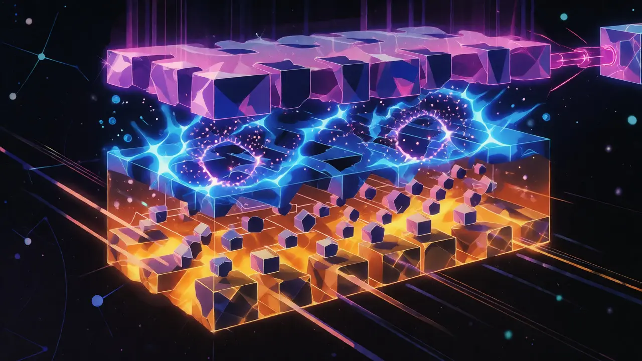 Cross-section of a blockchain block showing data, hash, and links.